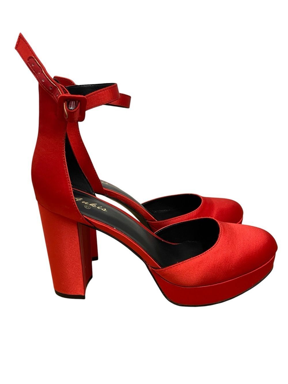Ankis Red Satin Platform Heels Ankle Strap Block Heel Pumps Women’s 8.5